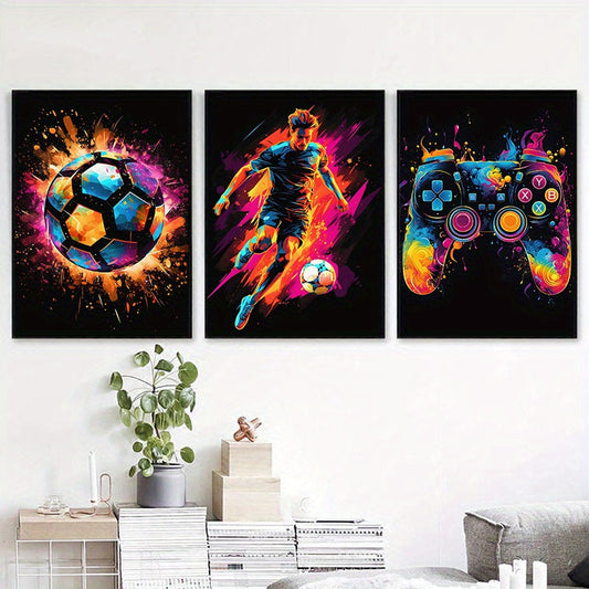 Skorter | 3-piece Canvas Poster Set - Modern Art, Abstract Football Poster, Decorative Game Controller Color Explosion, Wall Decor without Frame