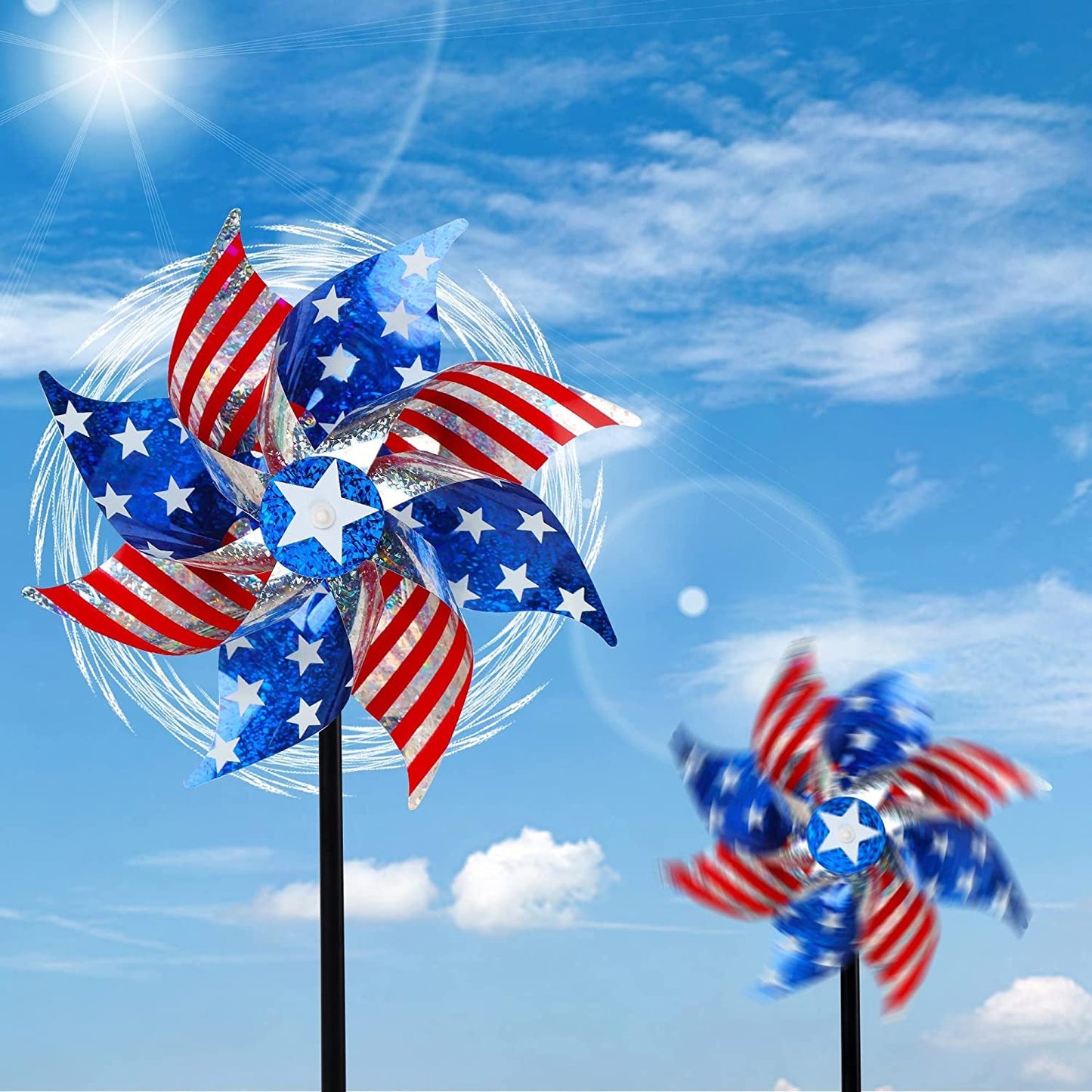 Skorter | 10 Pack Reflective Pinwheels Patriotic Decorations, American Flag on Pole Wind Spinner with Support for Independence Day, Memorial Day July 4th Party Supplies, Scare Birds Repellent Devices