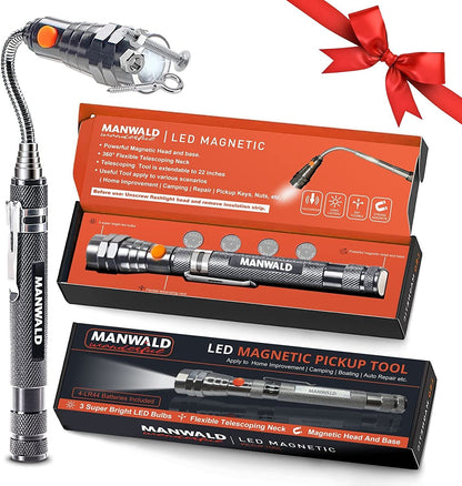 Skorter | Telescoping Magnetic Pickup Tool, LED Magnetic Flashlights with Extending Magnetic Rod, Birthday Gifts for Men, Father, Spouse, Craftsman, and Mechanic, Black