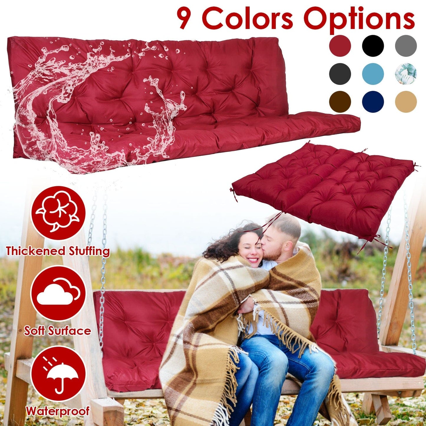 Skorter | 2-3 Seater Swing Cushion Replacement Swing Beach Cushions with Back Support 8-Band Straps