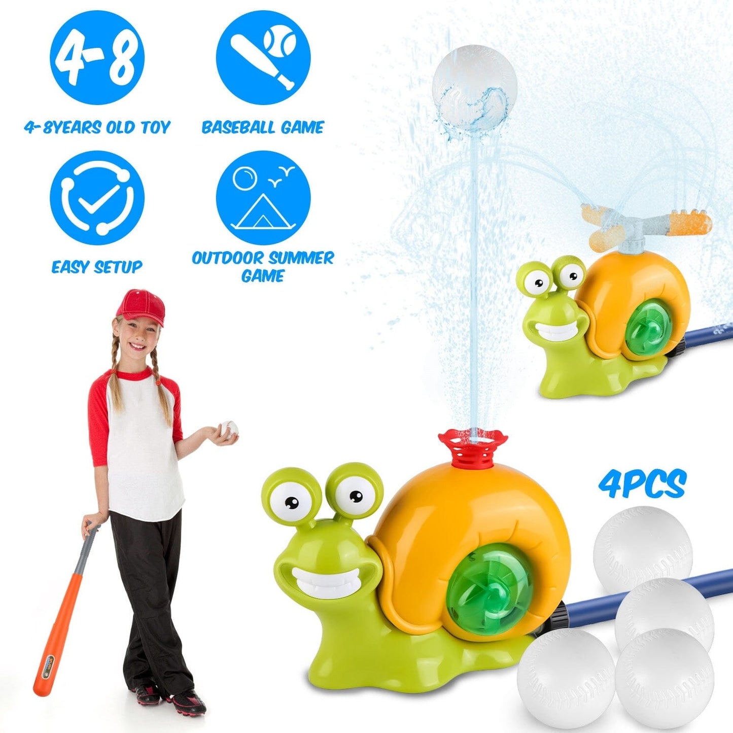 Skorter | 2-in-1 Snail Water Sprinkler Baseball Toy with 2 Sprinkler Nozzles