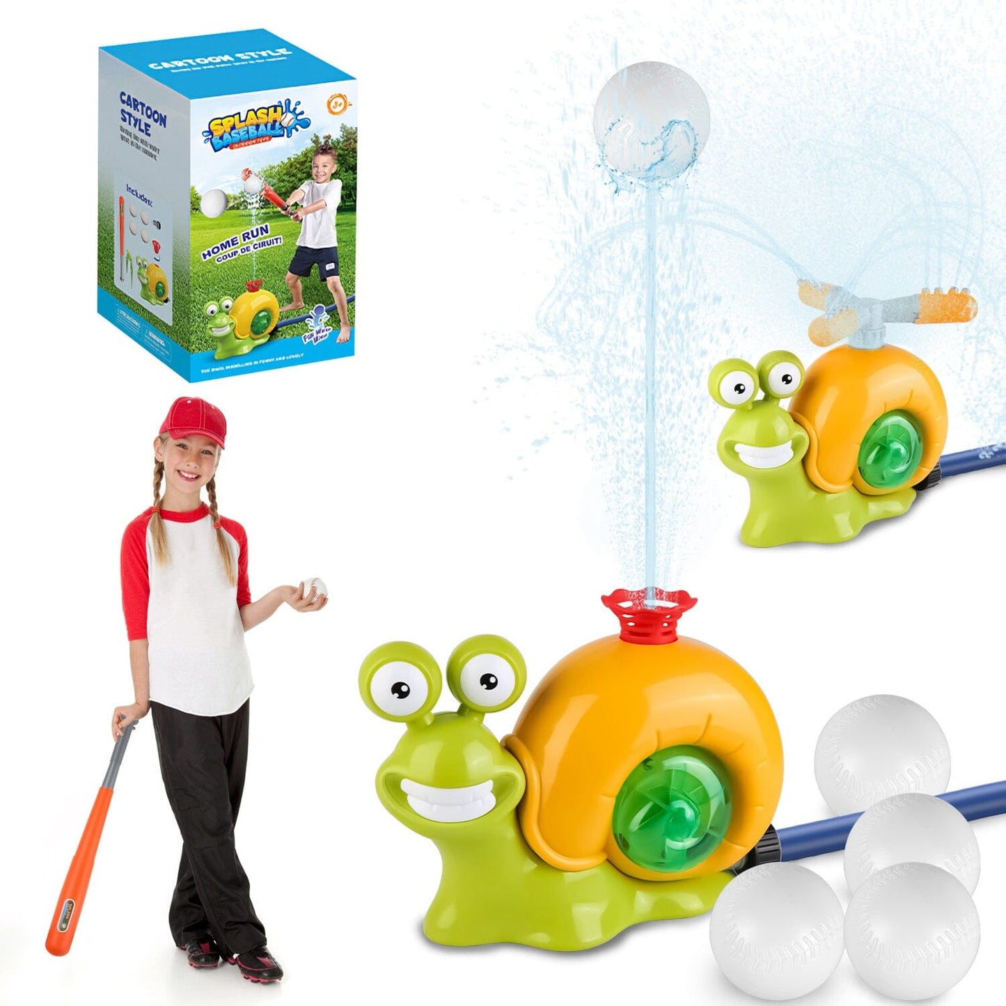 Skorter | 2-in-1 Snail Water Sprinkler Baseball Toy with 2 Sprinkler Nozzles