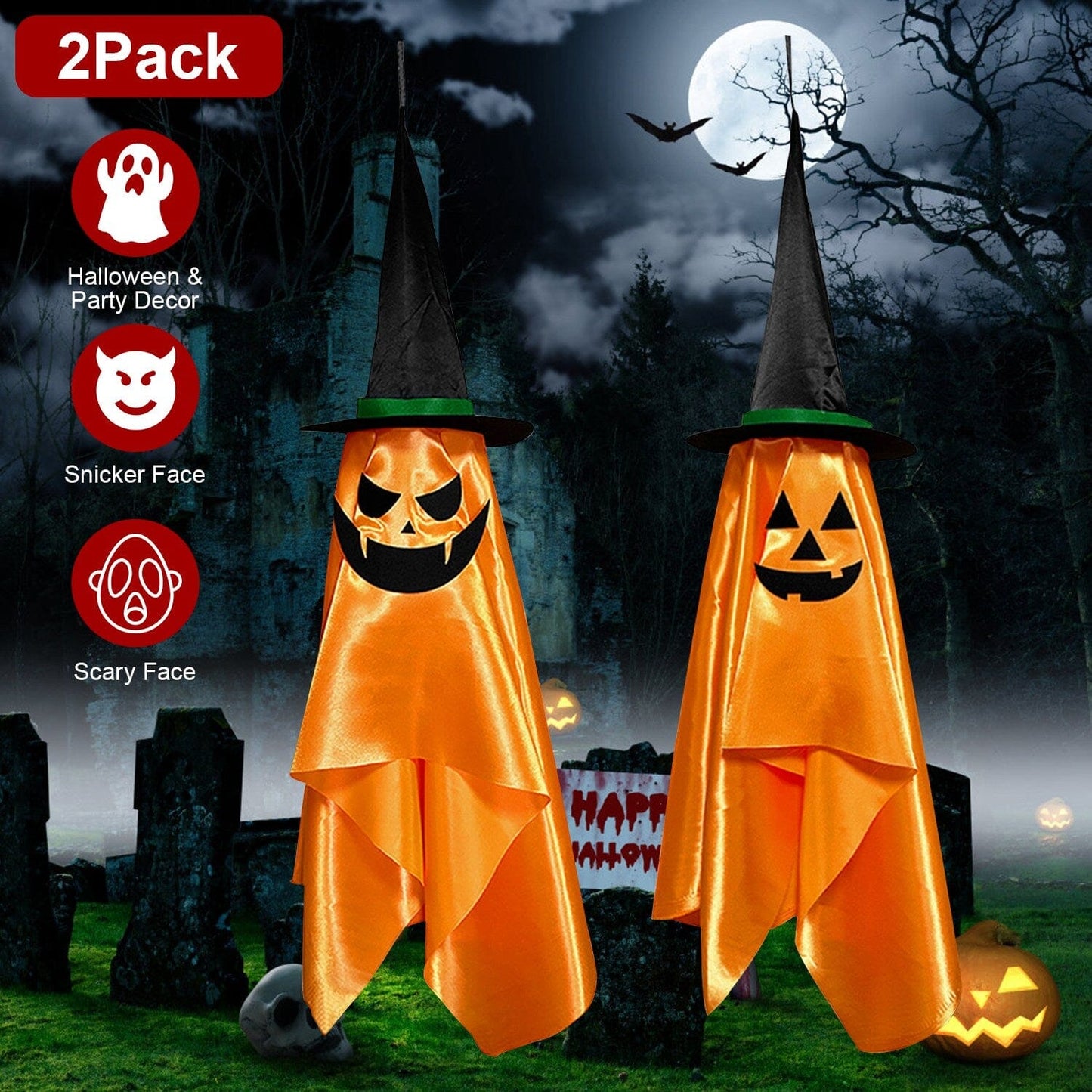 Skorter | 2-Pack: Hanging Ghosts with Wizard Hat Creepy Face