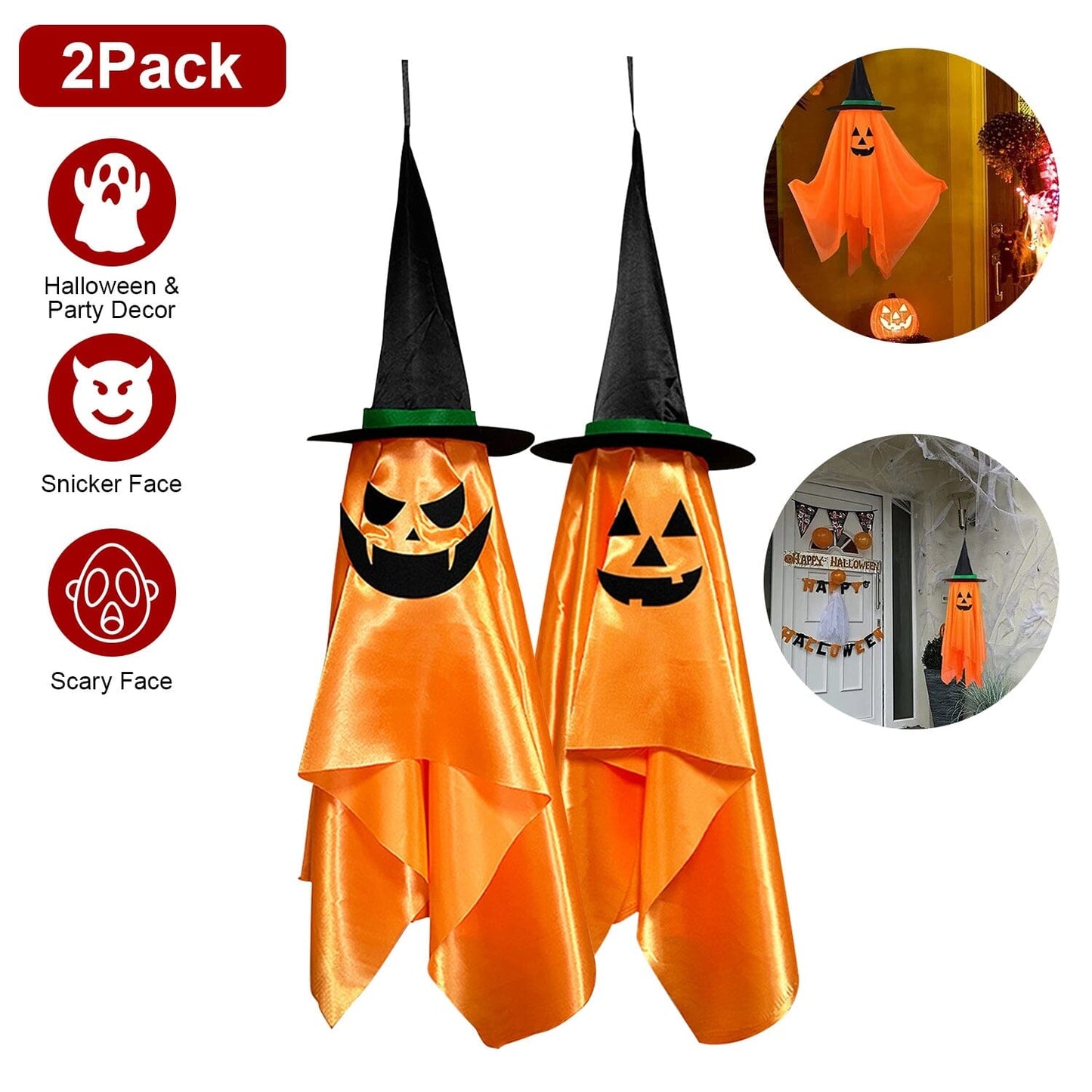 Skorter | 2-Pack: Hanging Ghosts with Wizard Hat Creepy Face