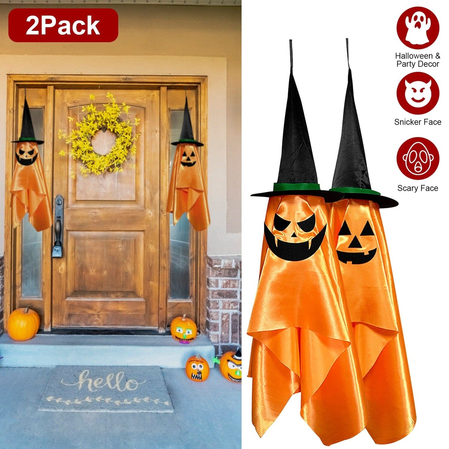 Skorter | 2-Pack: Hanging Ghosts with Wizard Hat Creepy Face