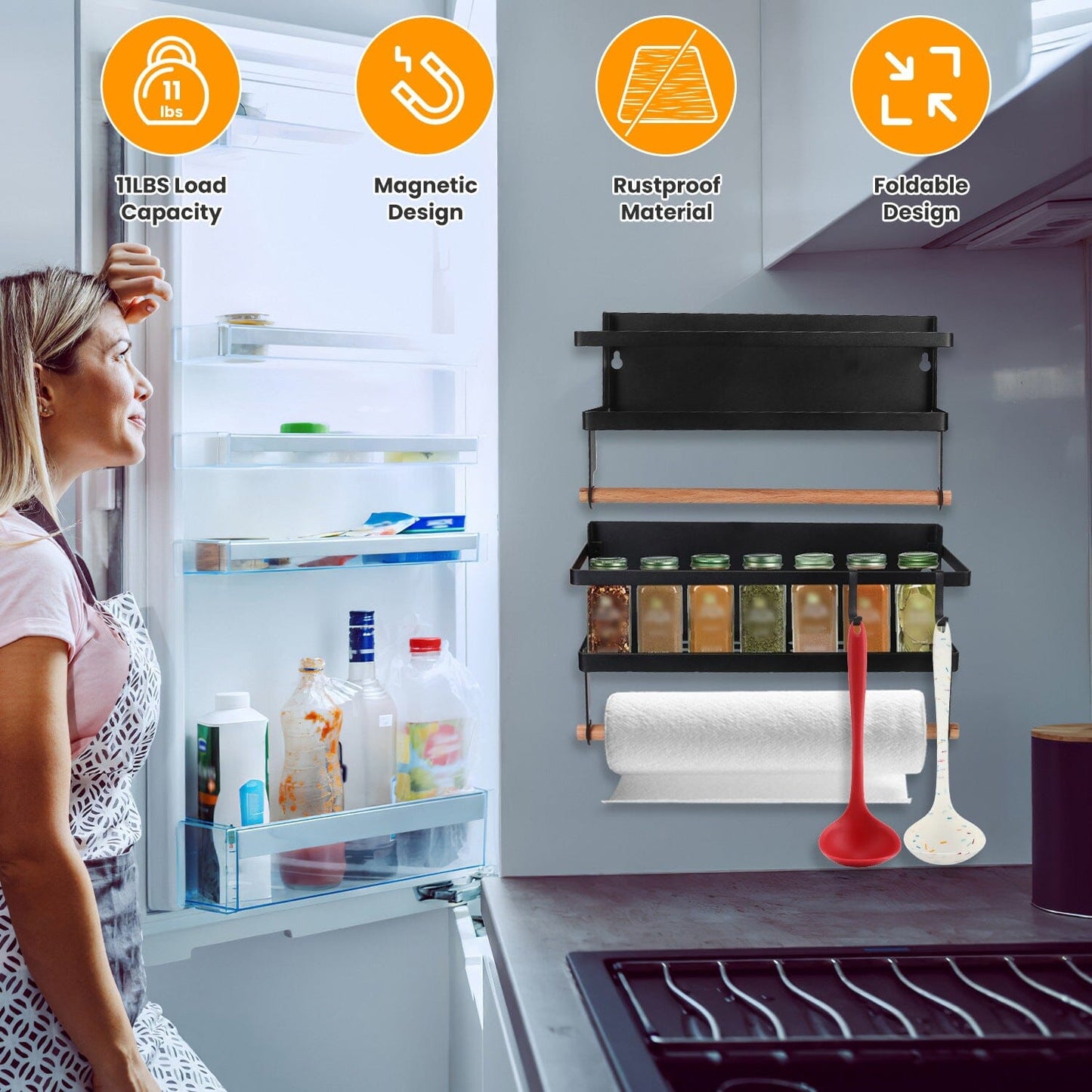 Skorter | 2-piece: Magnetic spice racks for refrigerator with paper towel holder