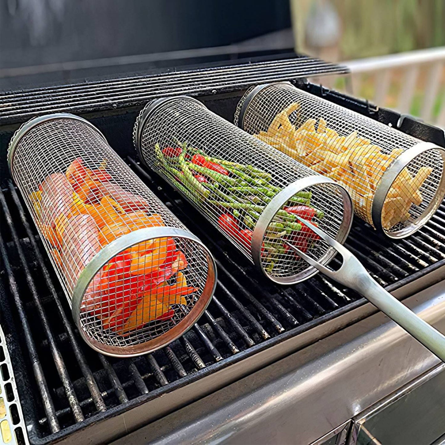 Skorter | 2-piece: Portable BBQ Rolling Basket Round Stainless Steel Grill