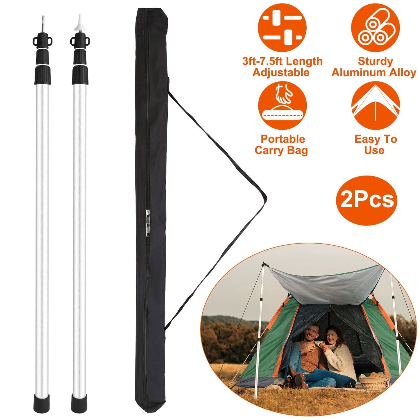 Skorter | 2-Piece: Telescoping Tarpaulin Poles Portable Aluminum Awning Poles