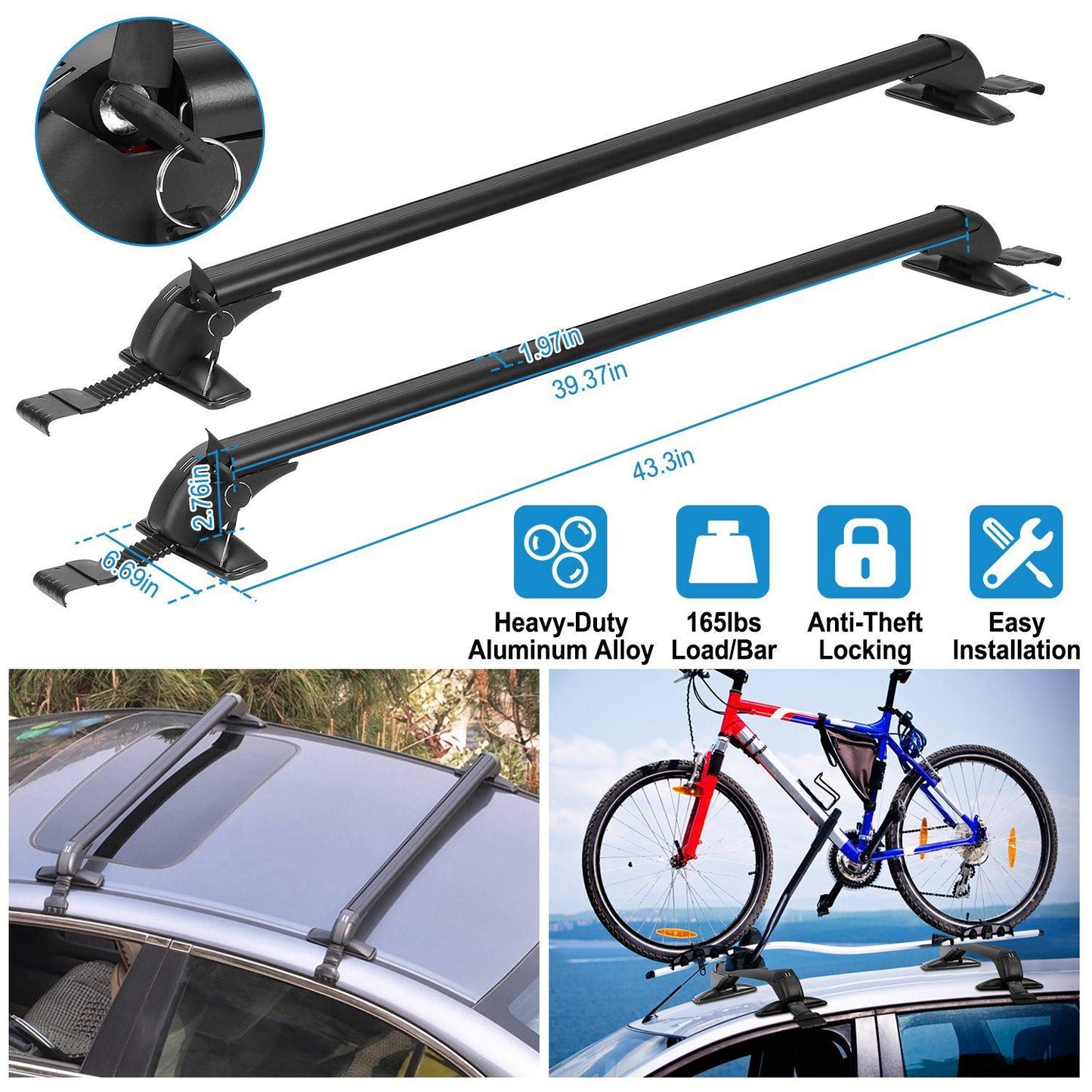 Skorter | 2-Piece: Universal 110CM/43-Inch Car Roof Rack Cross Bar