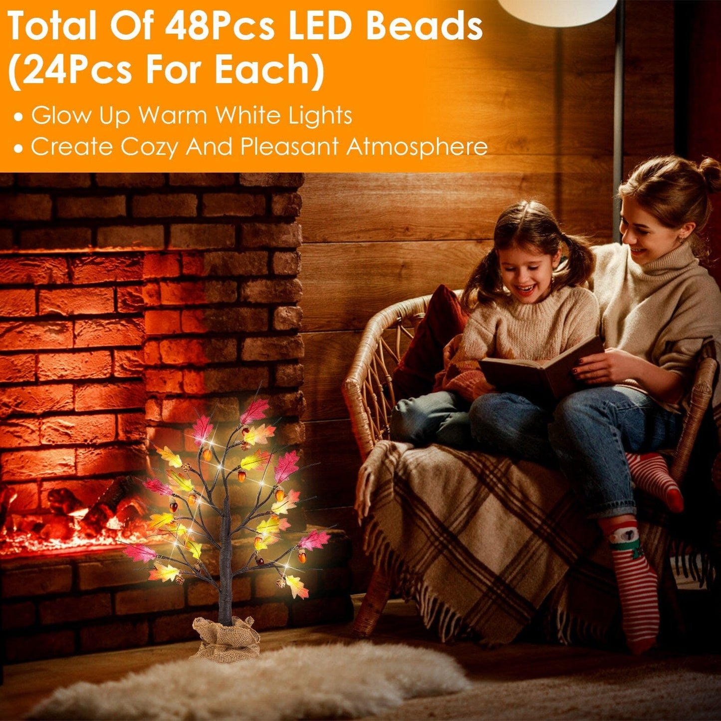 Skorter | 2-Pieces: 2FT Artificially Lit Maple Wood with 24-Piece Warm White LED Beads