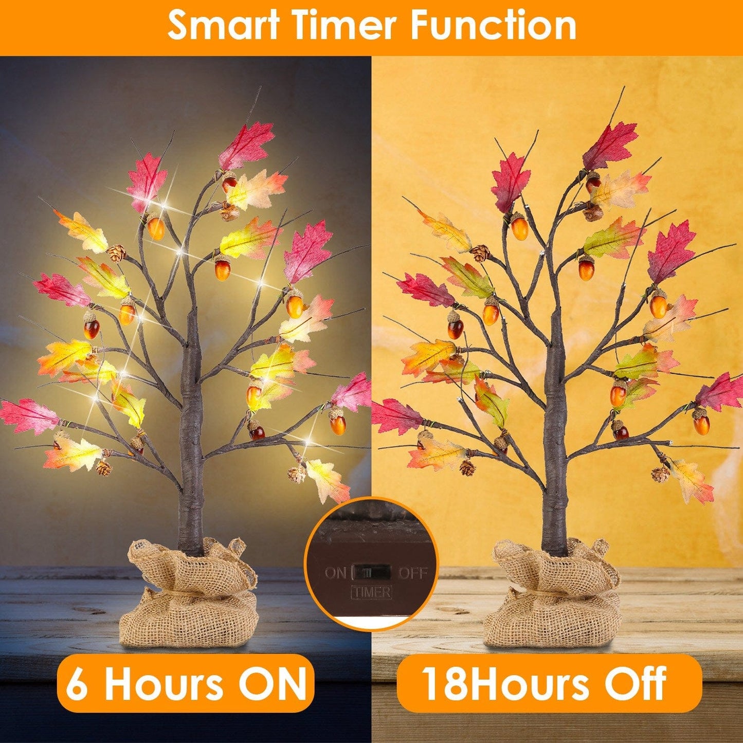 Skorter | 2-Pieces: 2FT Artificially Lit Maple Wood with 24-Piece Warm White LED Beads