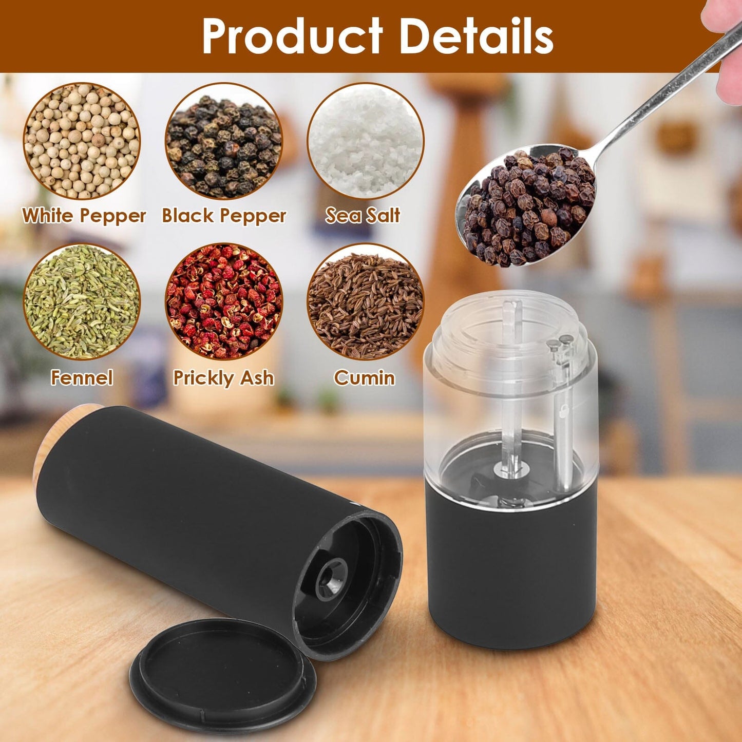 Skorter | 2-piece: Electric salt and pepper mills with battery and adjustable coarseness