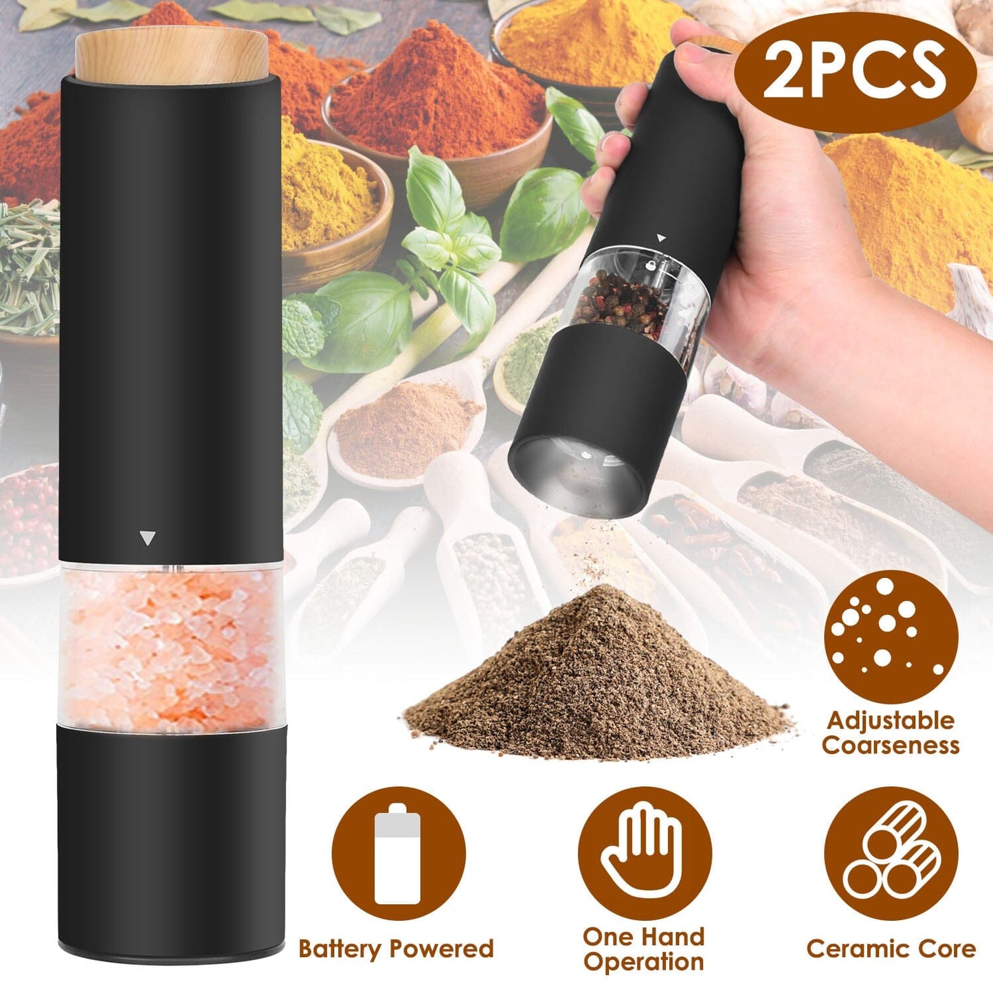 Skorter | 2-piece: Electric salt and pepper mills with battery and adjustable coarseness