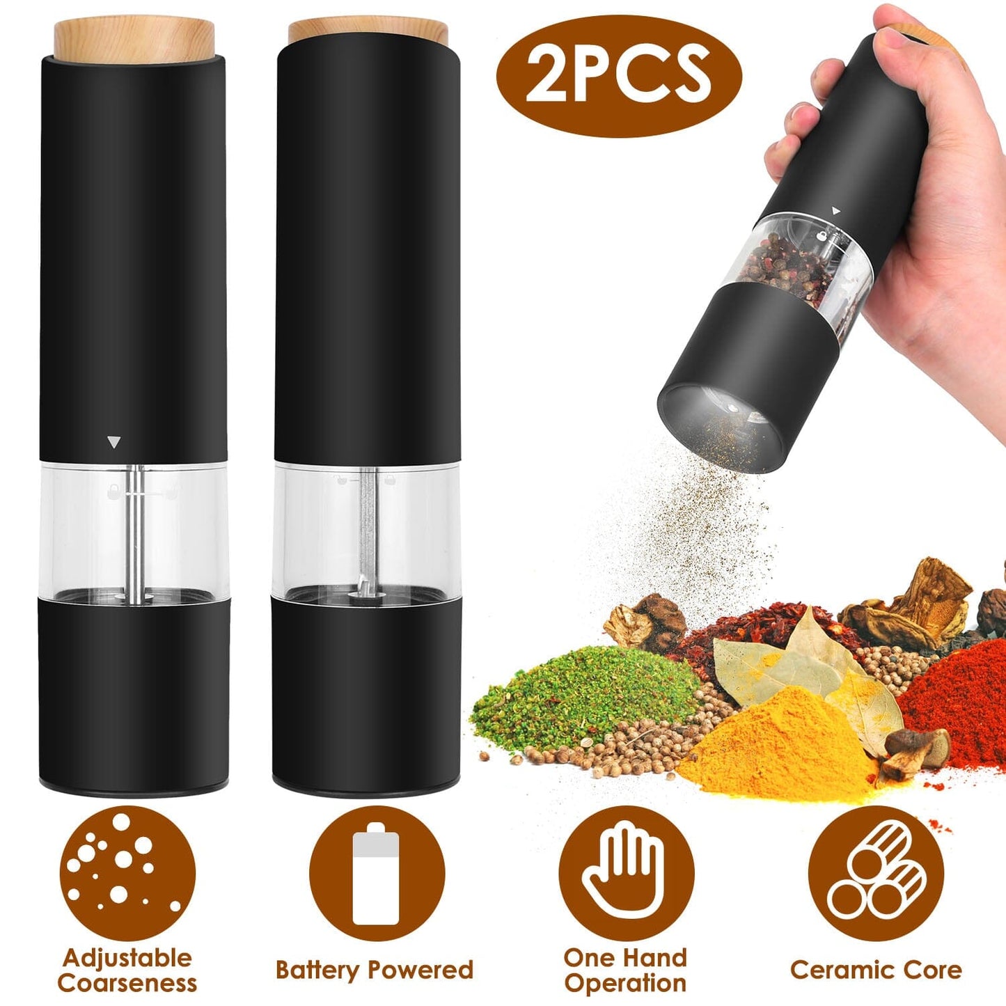 Skorter | 2-piece: Electric salt and pepper mills with battery and adjustable coarseness