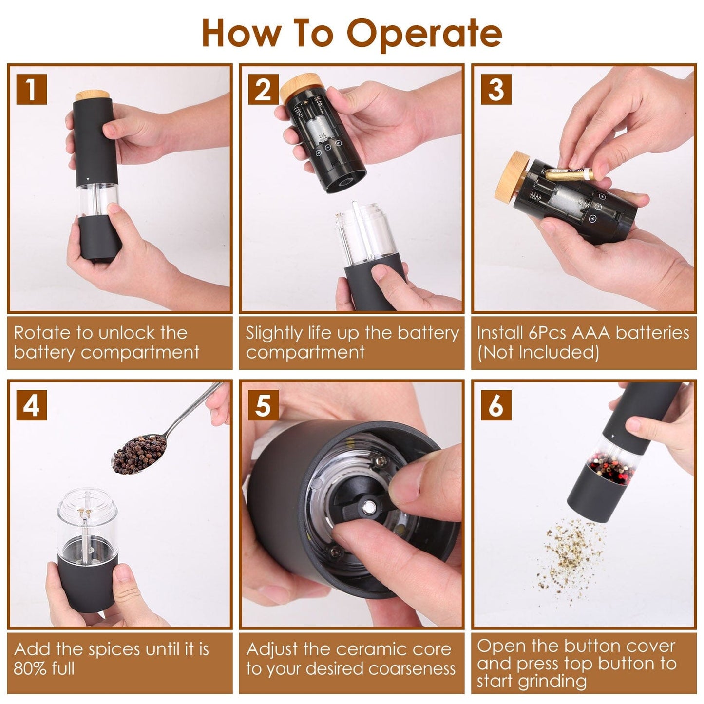 Skorter | 2-piece: Electric salt and pepper mills with battery and adjustable coarseness