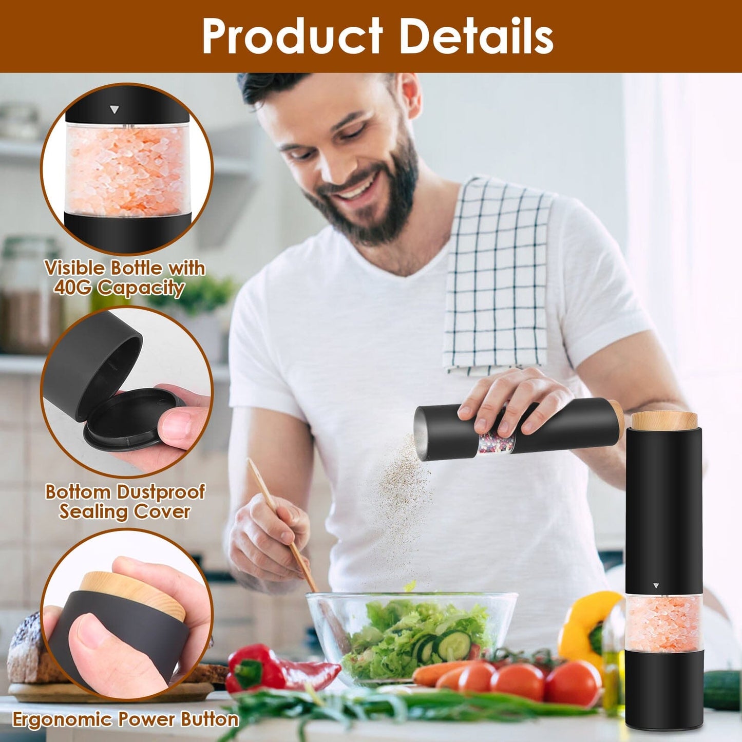 Skorter | 2-piece: Electric salt and pepper mills with battery and adjustable coarseness