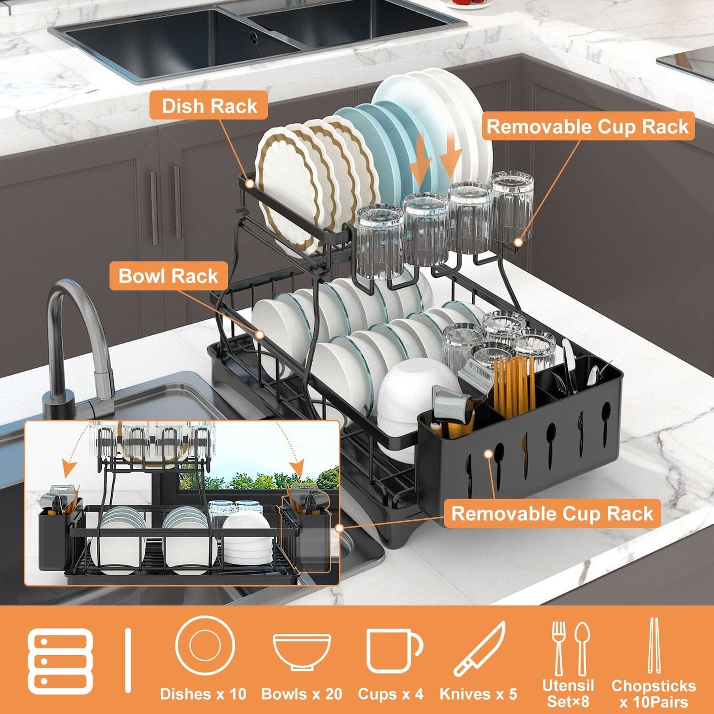 Skorter | 2-layer Dish Rack Drain Organizer Set with Cutlery Holder Stand Swivel Tap
