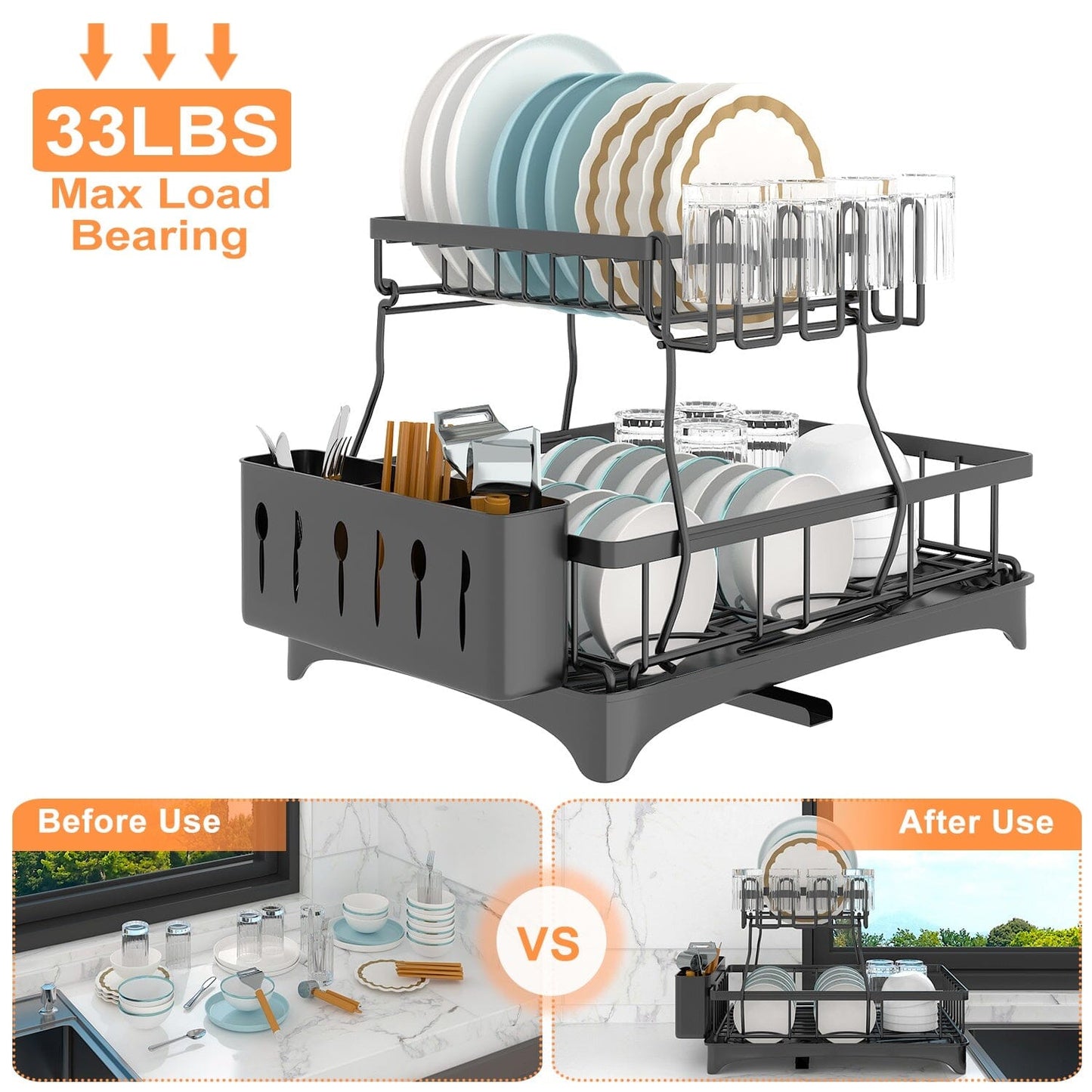Skorter | 2-layer Dish Rack Drain Organizer Set with Cutlery Holder Stand Swivel Tap