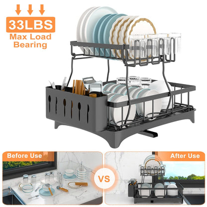 Skorter | 2-layer Dish Rack Drain Organizer Set with Cutlery Holder Stand Swivel Tap