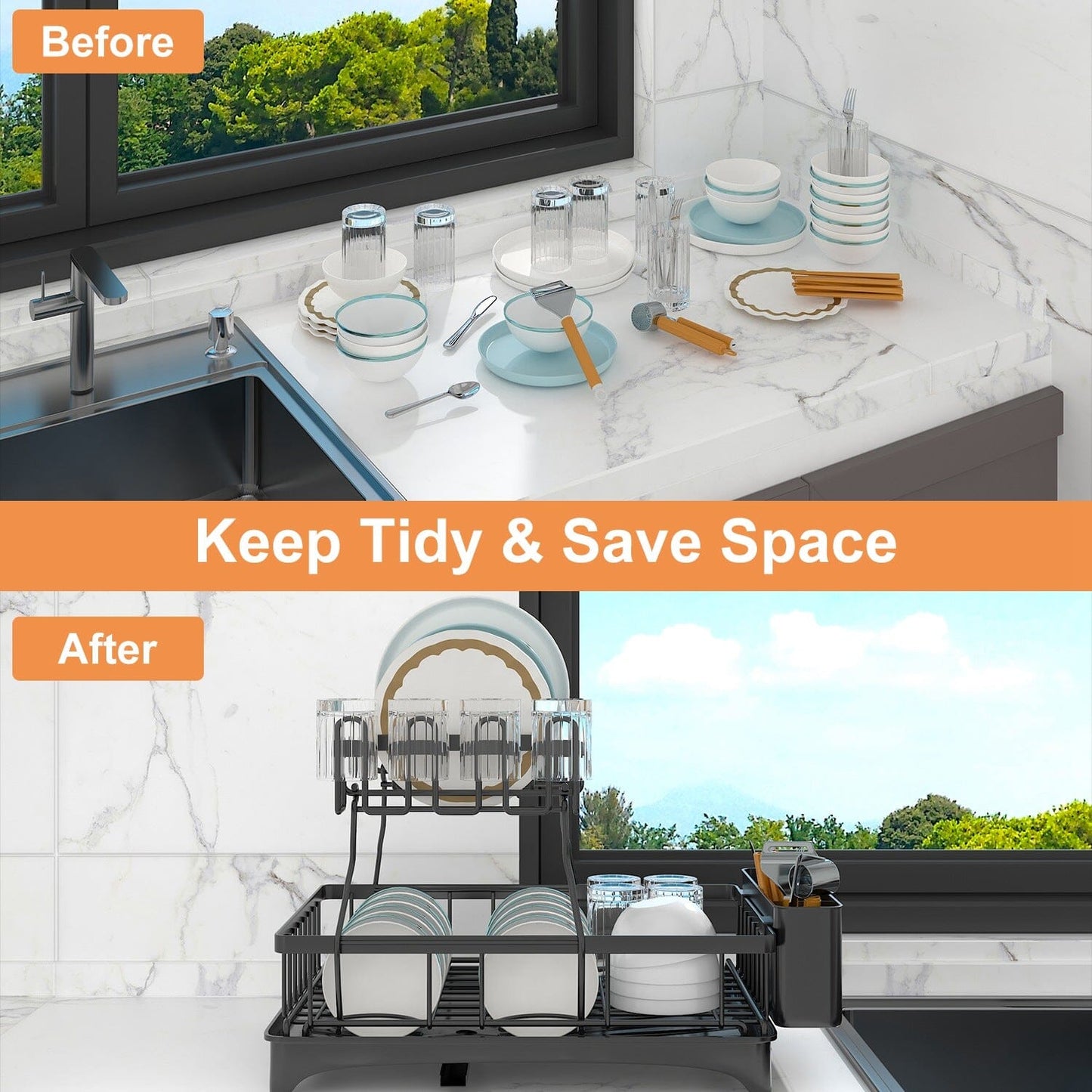 Skorter | 2-layer Dish Rack Drain Organizer Set with Cutlery Holder Stand Swivel Tap