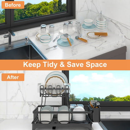 Skorter | 2-layer Dish Rack Drain Organizer Set with Cutlery Holder Stand Swivel Tap