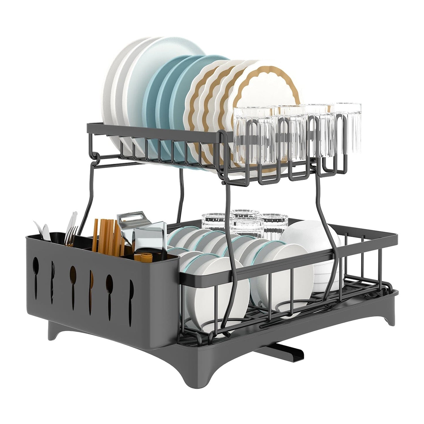 Skorter | 2-layer Dish Rack Drain Organizer Set with Cutlery Holder Stand Swivel Tap