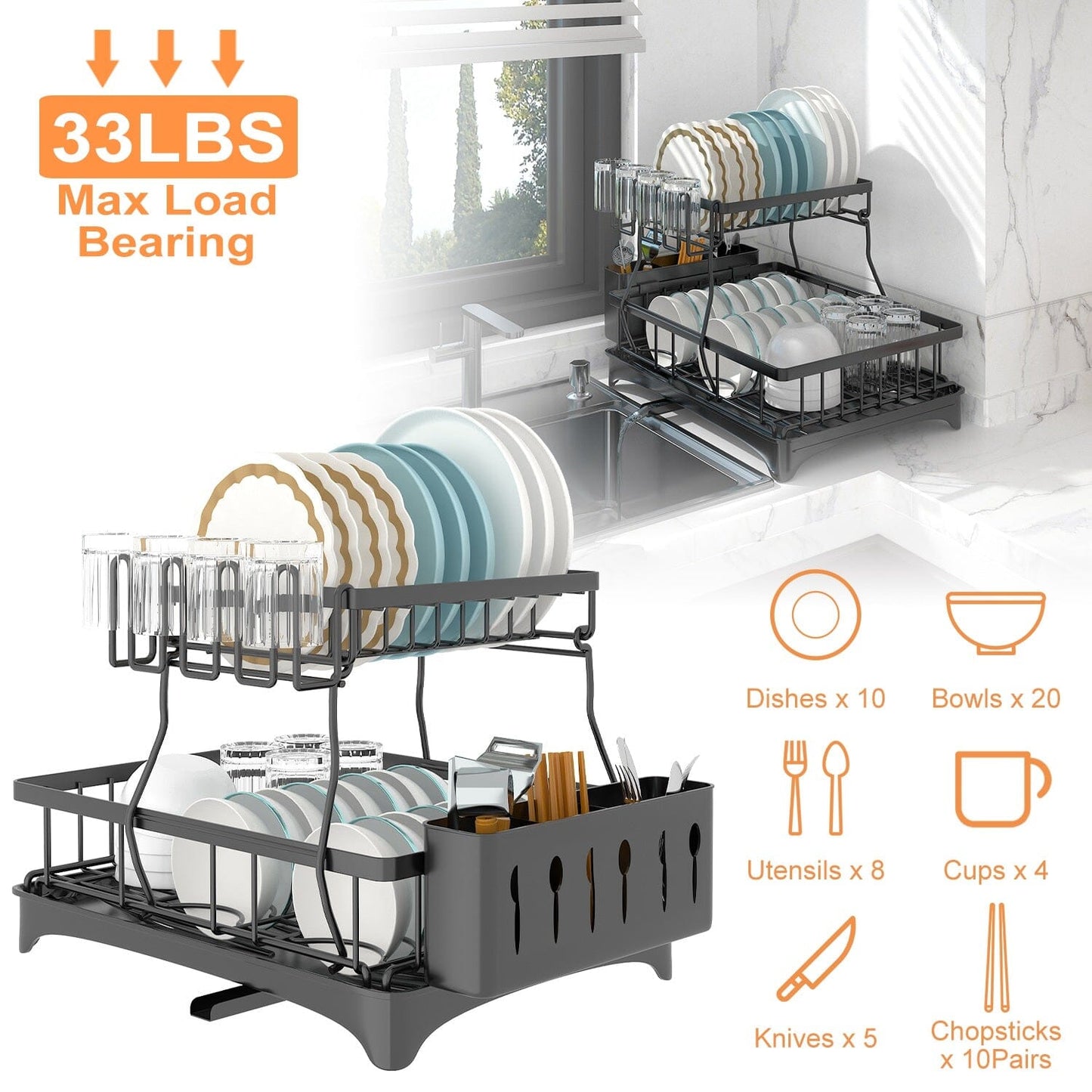 Skorter | 2-layer Dish Rack Drain Organizer Set with Cutlery Holder Stand Swivel Tap