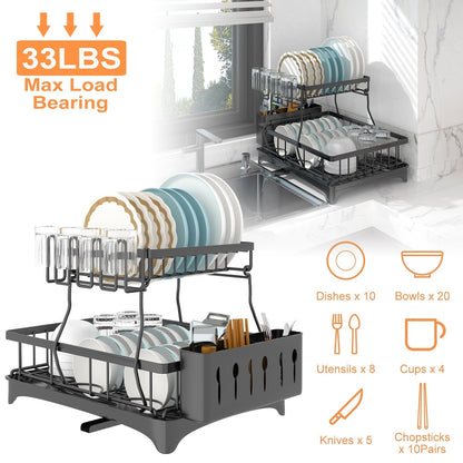 Skorter | 2-layer Dish Rack Drain Organizer Set with Cutlery Holder Stand Swivel Tap