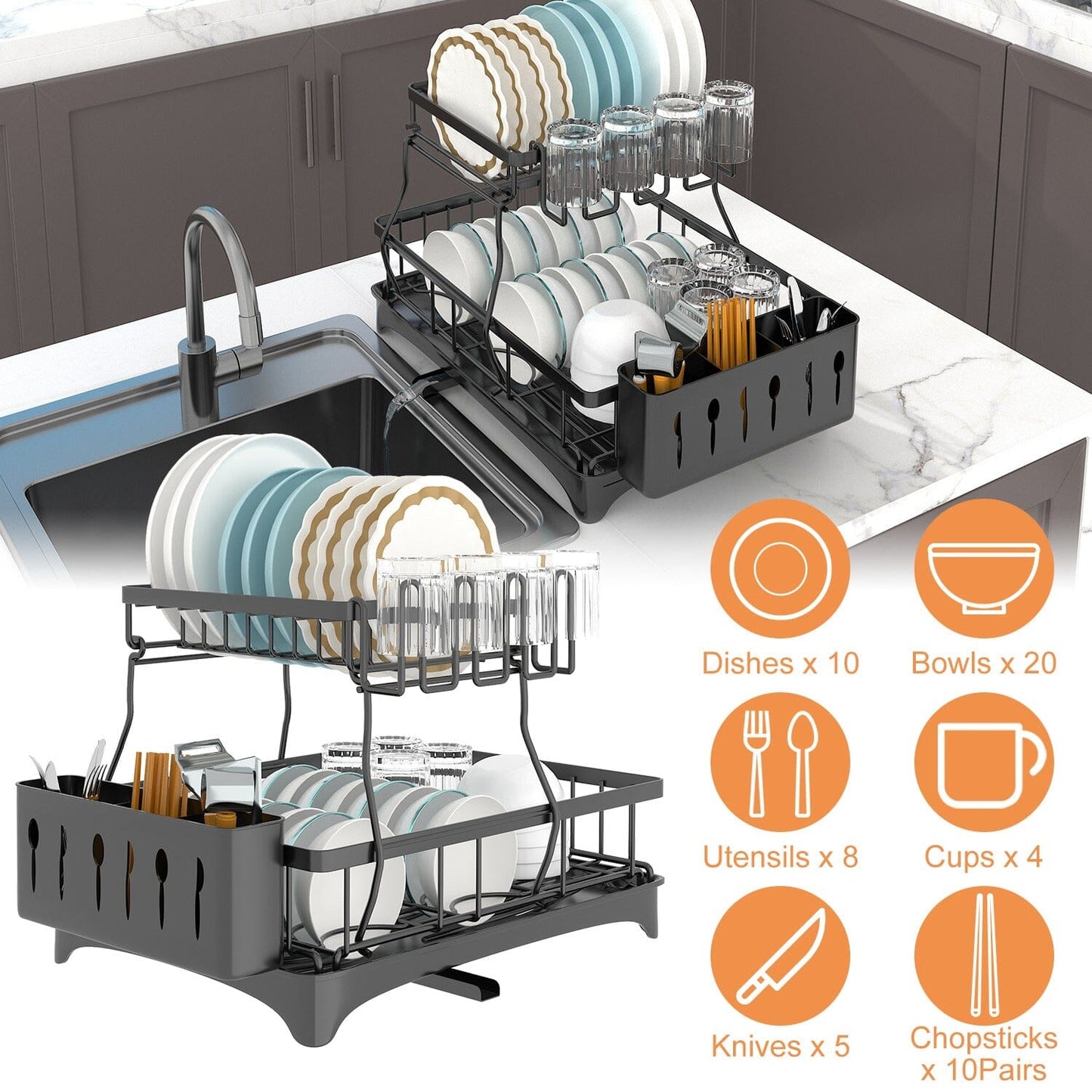 Skorter | 2-layer Dish Rack Drain Organizer Set with Cutlery Holder Stand Swivel Tap