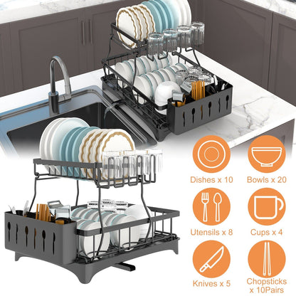 Skorter | 2-layer Dish Rack Drain Organizer Set with Cutlery Holder Stand Swivel Tap