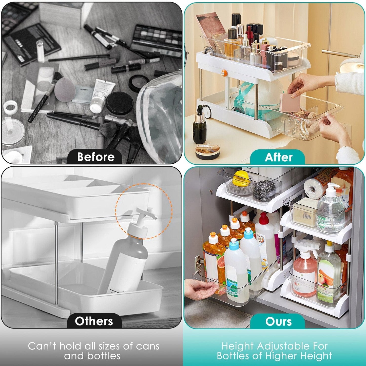 Skorter | 2-layer Height Adjustable Under Sink Organizer with Flexible Wheels 2 Clear Bins
