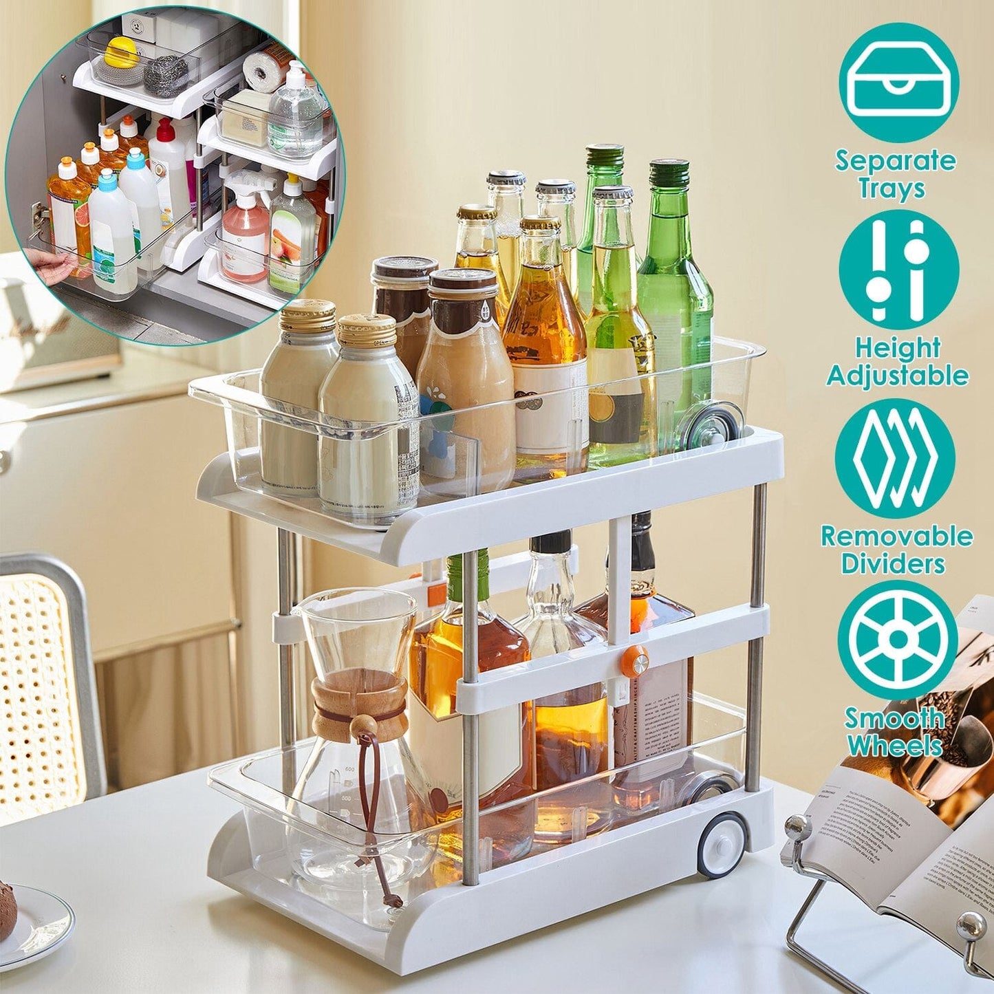 Skorter | 2-layer Height Adjustable Under Sink Organizer with Flexible Wheels 2 Clear Bins