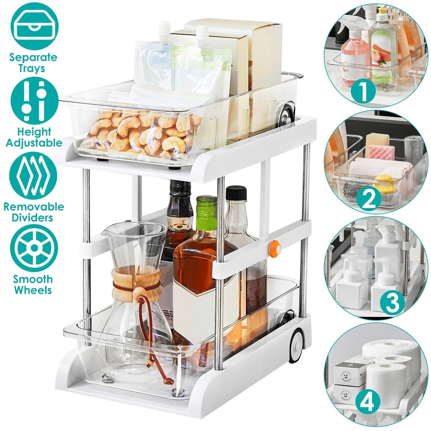 Skorter | 2-layer Height Adjustable Under Sink Organizer with Flexible Wheels 2 Clear Bins
