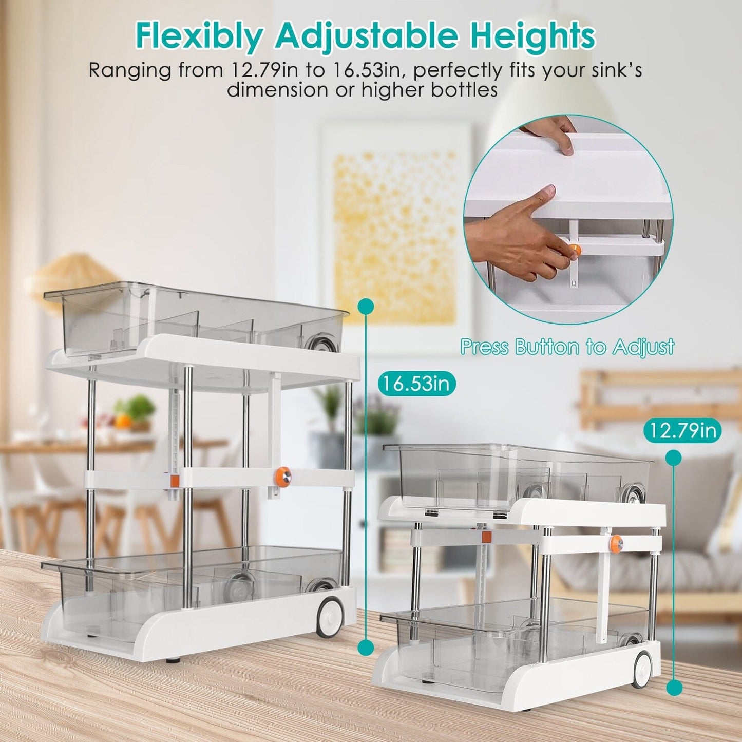 Skorter | 2-layer Height Adjustable Under Sink Organizer with Flexible Wheels 2 Clear Bins