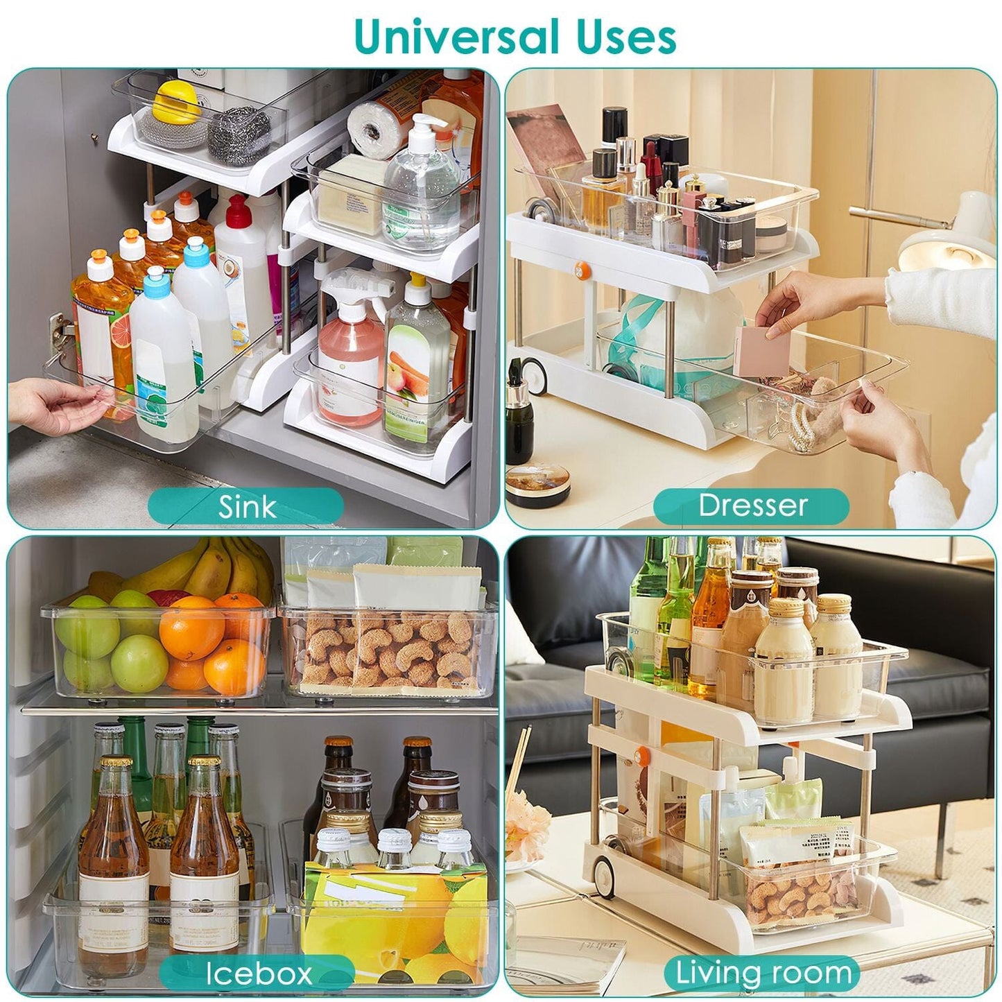 Skorter | 2-layer Height Adjustable Under Sink Organizer with Flexible Wheels 2 Clear Bins