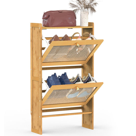 Skorter | 2-layer Shoe Cabinet with 2 Flip Drawers Slim Bamboo Shelf Narrow Organizer