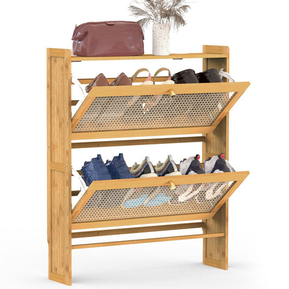 Skorter | 2-layer Shoe Cabinet with 2 Flip Drawers Slim Bamboo Shelf Narrow Organizer