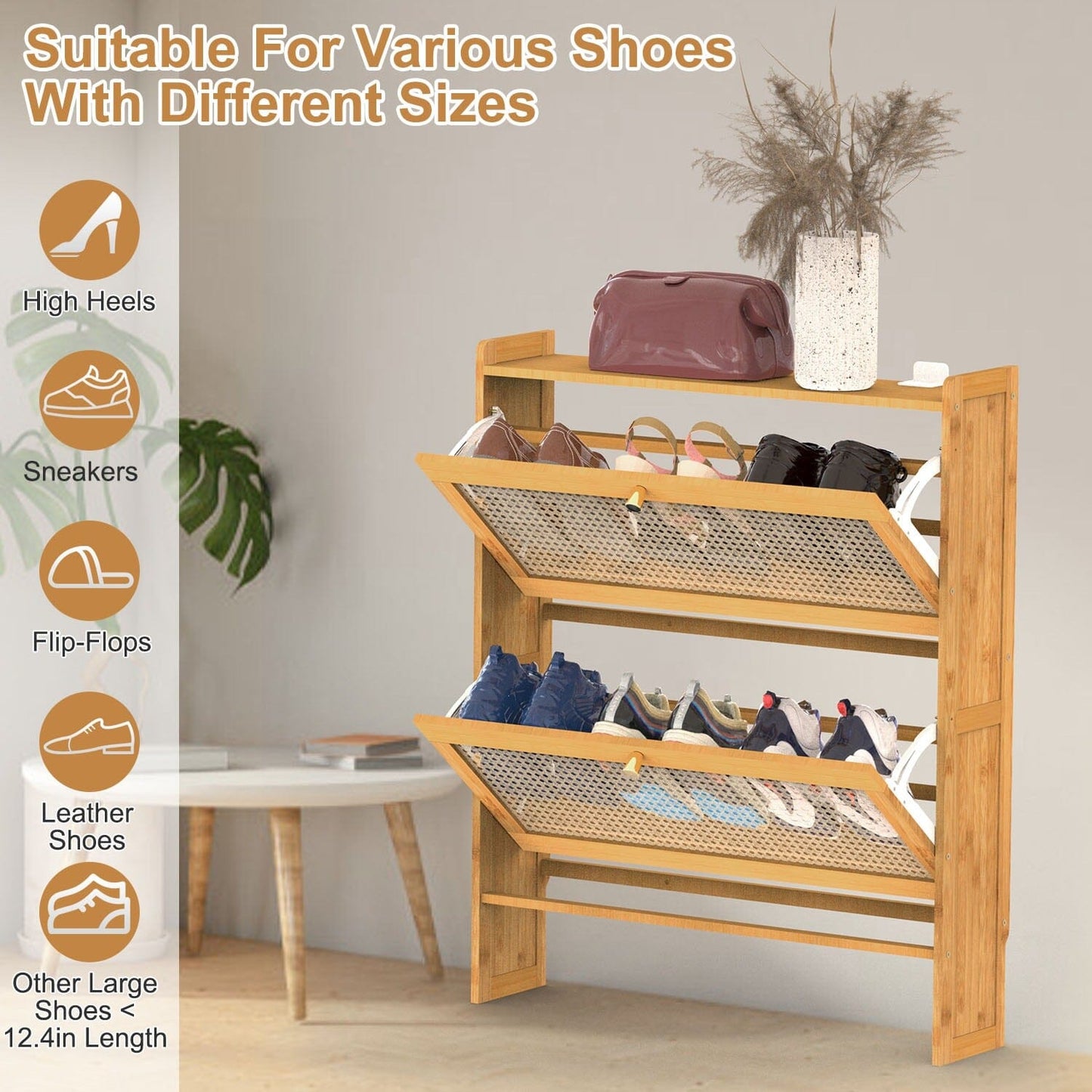 Skorter | 2-layer Shoe Cabinet with 2 Flip Drawers Slim Bamboo Shelf Narrow Organizer