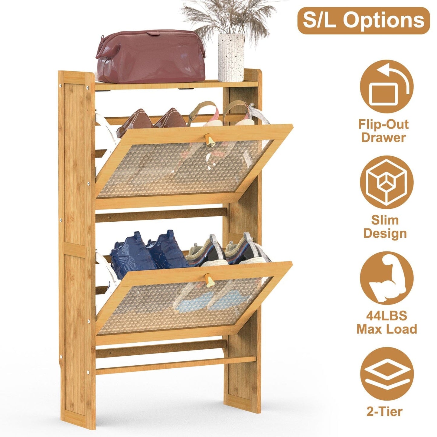 Skorter | 2-layer Shoe Cabinet with 2 Flip Drawers Slim Bamboo Shelf Narrow Organizer