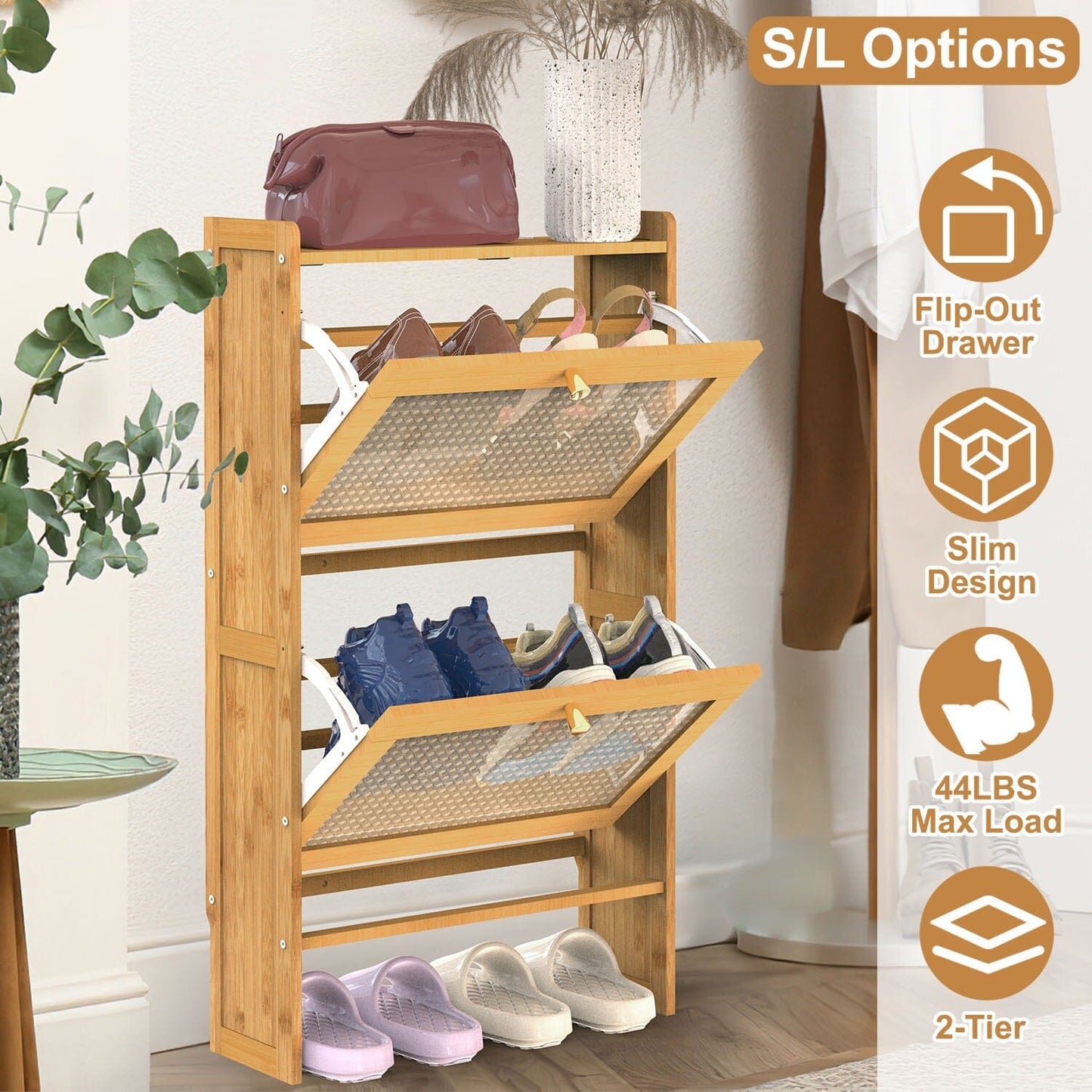 Skorter | 2-layer Shoe Cabinet with 2 Flip Drawers Slim Bamboo Shelf Narrow Organizer