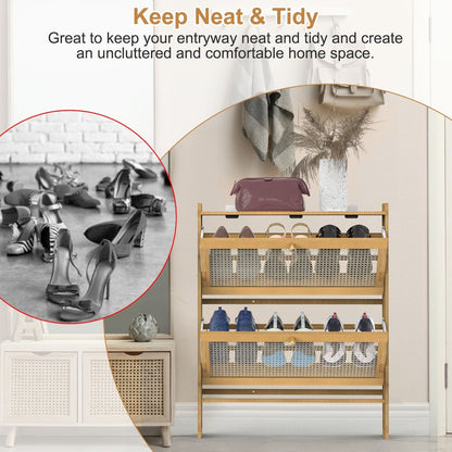 Skorter | 2-layer Shoe Cabinet with 2 Flip Drawers Slim Bamboo Shelf Narrow Organizer