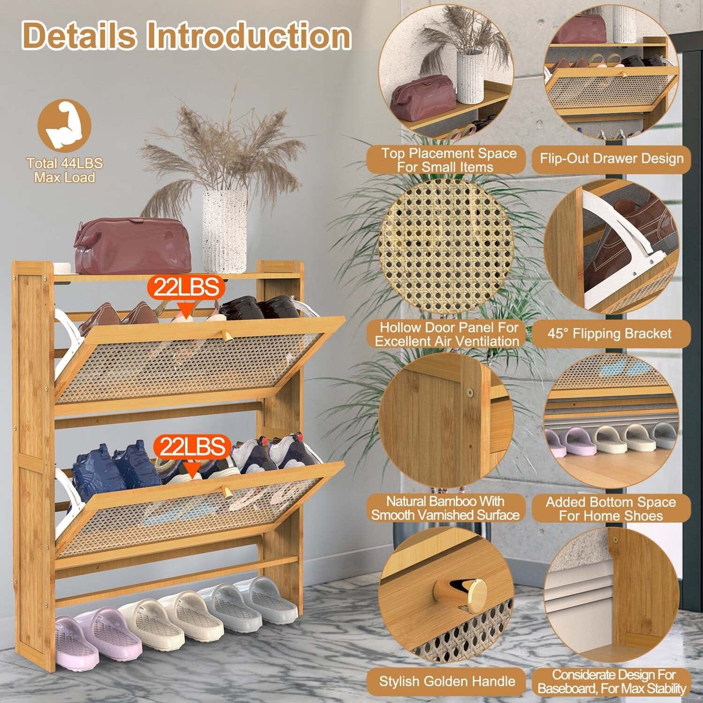 Skorter | 2-layer Shoe Cabinet with 2 Flip Drawers Slim Bamboo Shelf Narrow Organizer