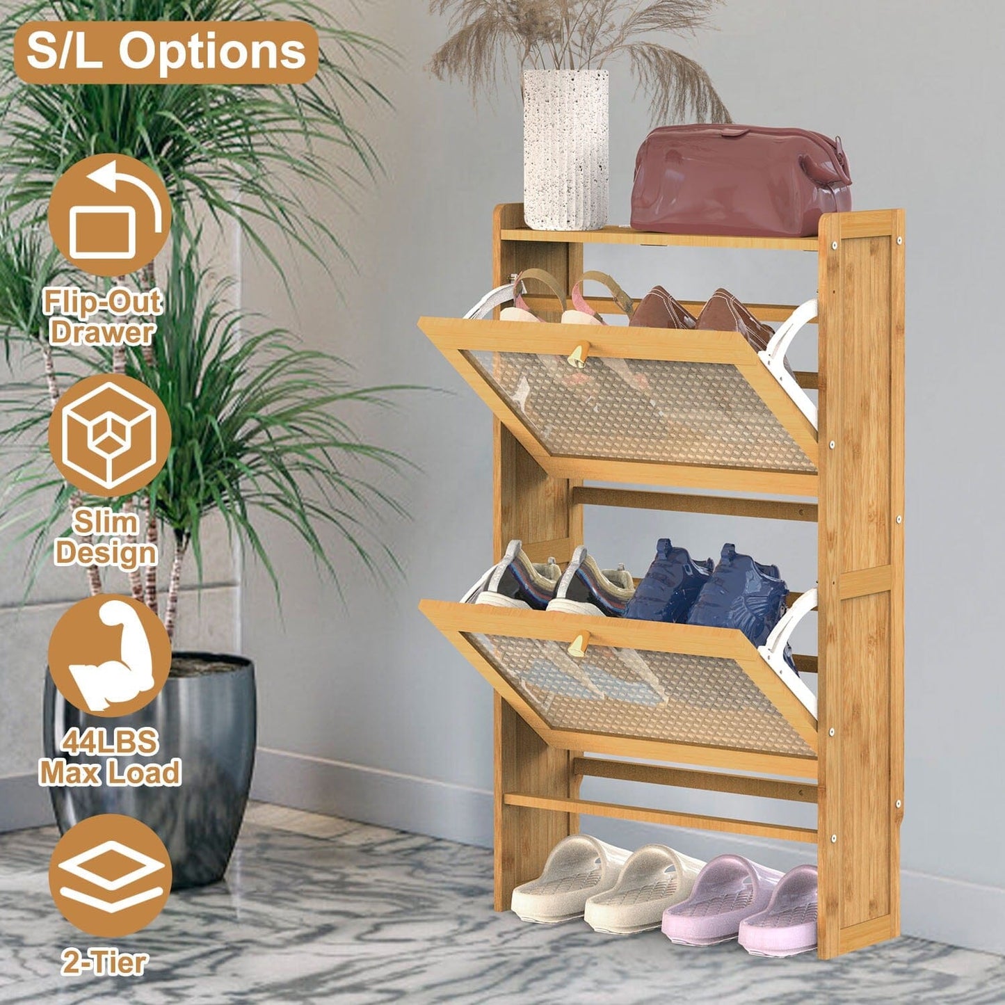 Skorter | 2-layer Shoe Cabinet with 2 Flip Drawers Slim Bamboo Shelf Narrow Organizer