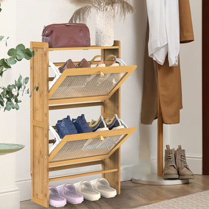 Skorter | 2-layer Shoe Cabinet with 2 Flip Drawers Slim Bamboo Shelf Narrow Organizer