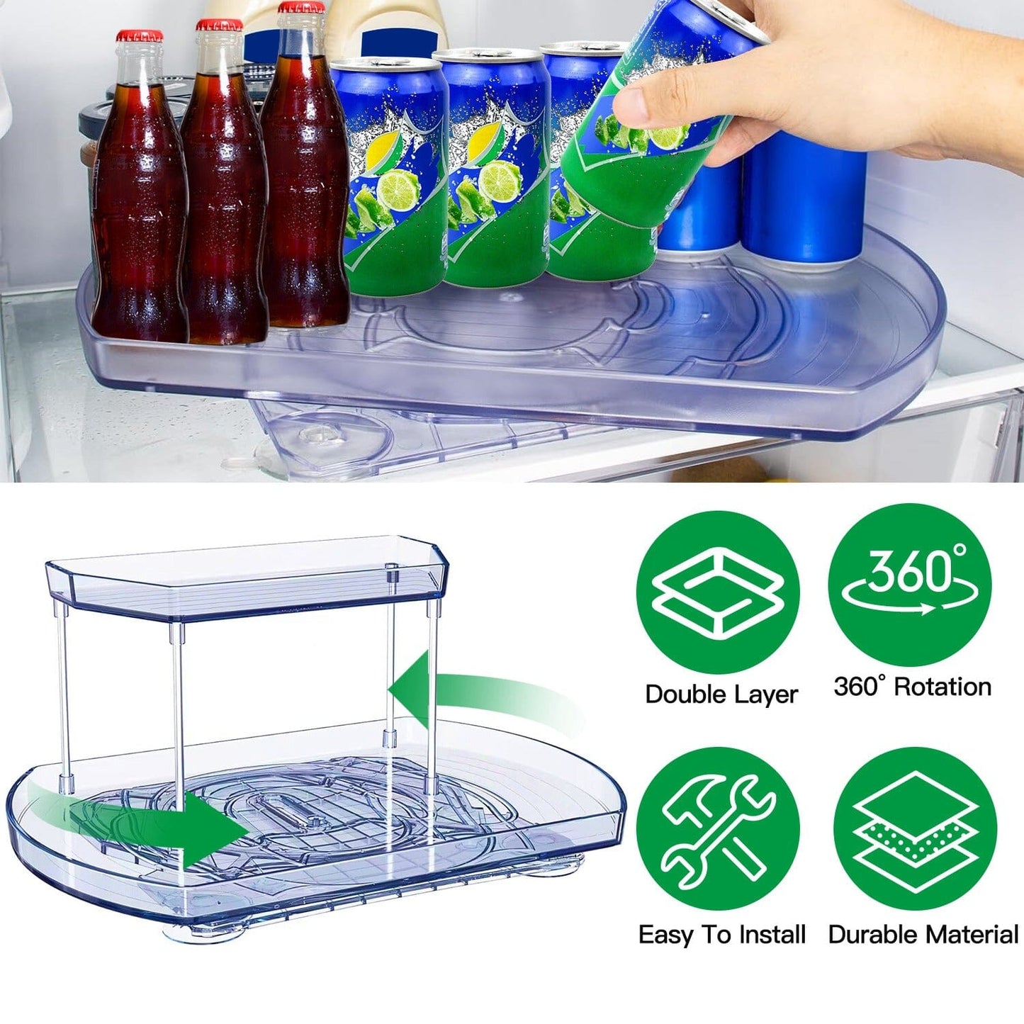 Skorter | 2-layer Plate Organizer Rectangular Refrigerator Spinning Storage Shelf with 360° Rotatable Rails