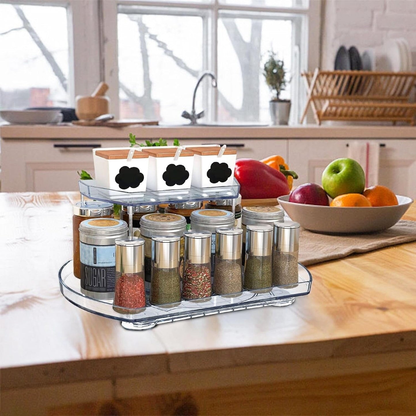 Skorter | 2-layer Plate Organizer Rectangular Refrigerator Spinning Storage Shelf with 360° Rotatable Rails