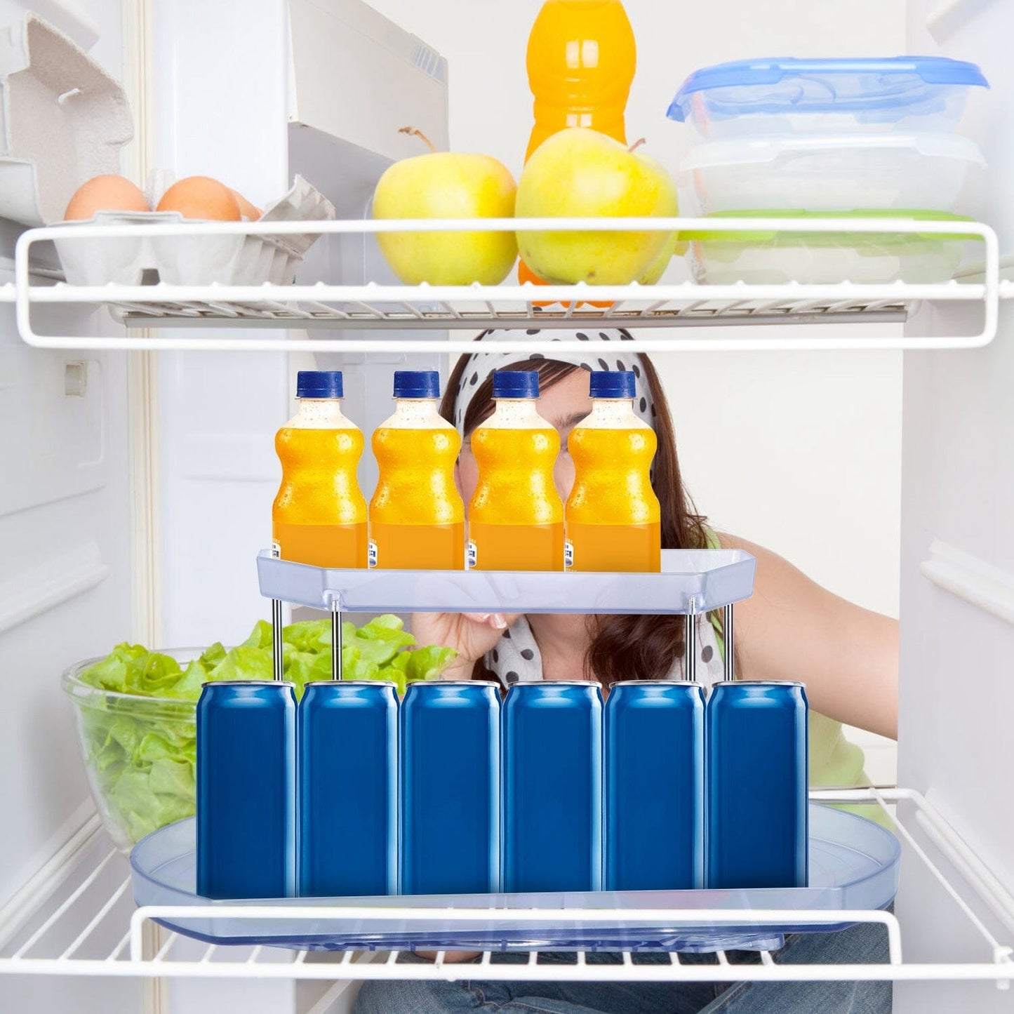 Skorter | 2-layer Plate Organizer Rectangular Refrigerator Spinning Storage Shelf with 360° Rotatable Rails