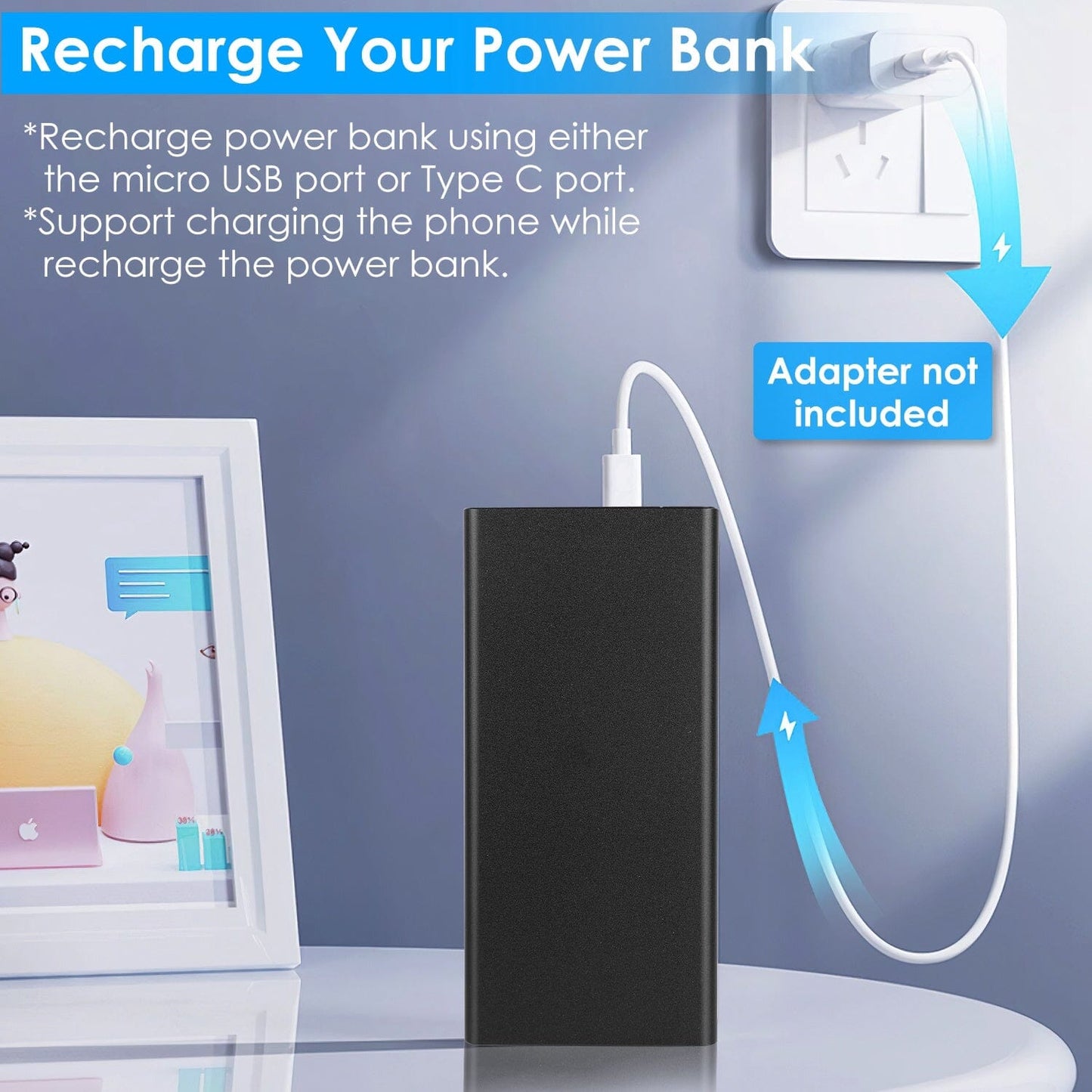 Skorter | 20000mAh Power Bank Portable External Battery Pack with Dual USB Outputs Type C Micro USB Input