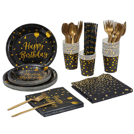 Skorter | 201 Pieces: Black Gold Disposable Tableware Set