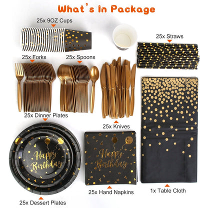 Skorter | 201 Pieces: Black Gold Disposable Tableware Set